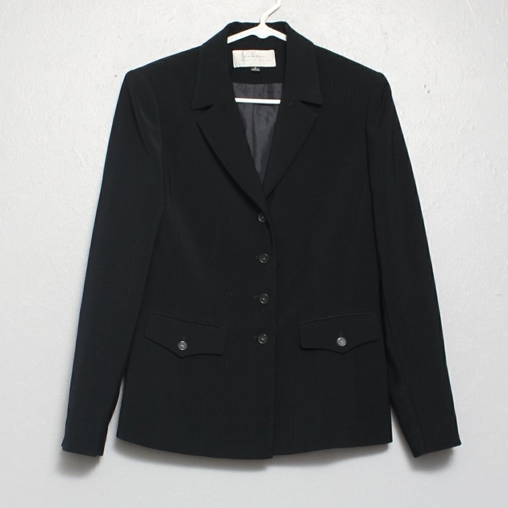 Tahari black long lined button career professional blazer jacket